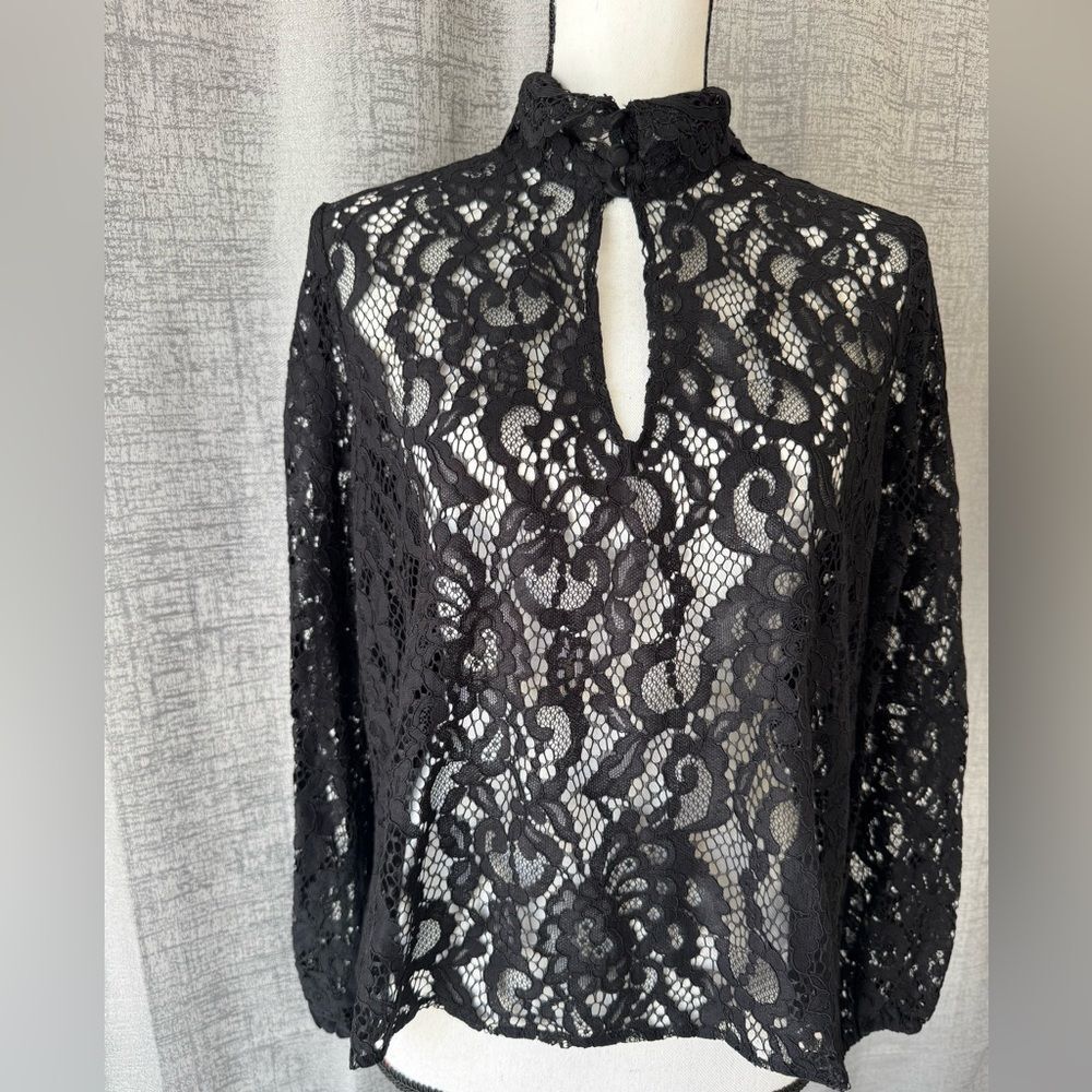 NWOT Cynthia Rowley Black Lace Blouse Top w/Convertible Collar - Size 6 (A061)